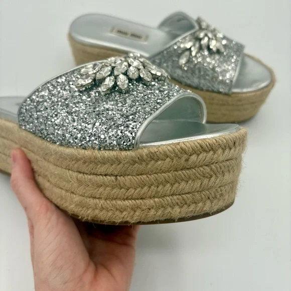 Miu Miu Women's Crystal-Embellished Glitter Platform Sandals Size 36 US Size 6 - Picture 4 of 8